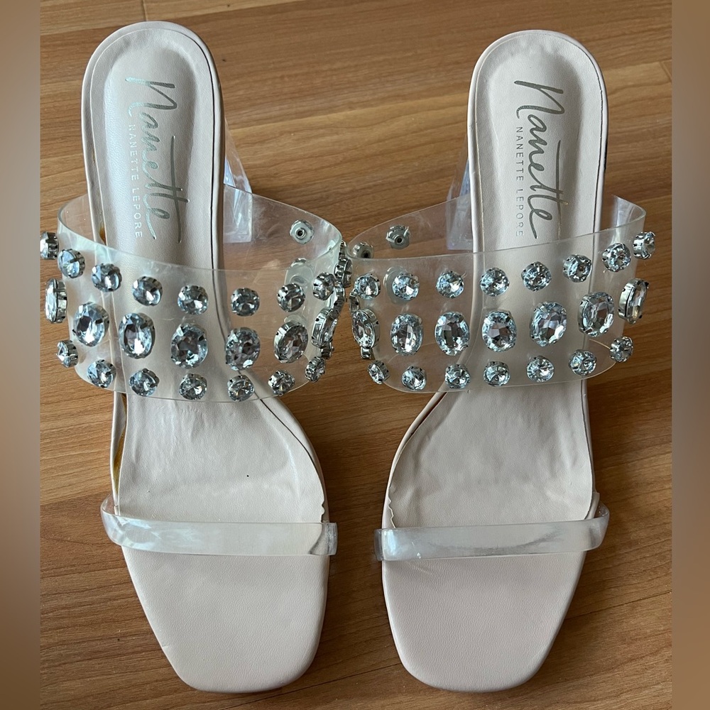 Nanette Lepore Blake Clear Rhinestone Block Heel Sandals Size 11M - Picture 7 of 13